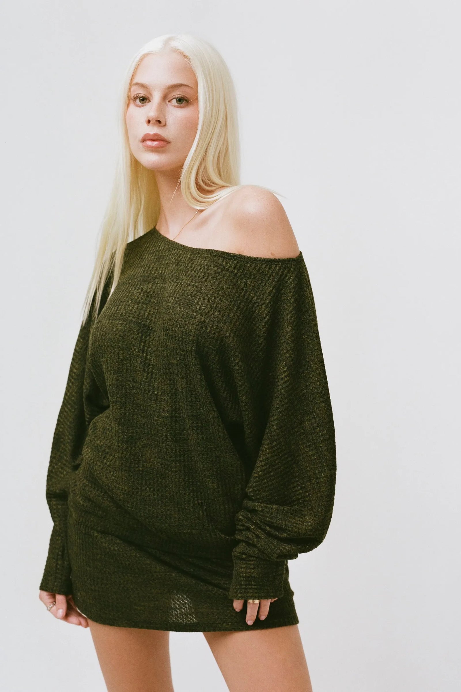 bella off shoulder sweater dress THE IZZY SWEATER DRESS IN OLIVE L